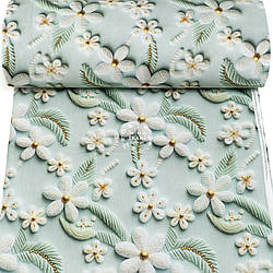 Ранфорс digital з цифровим друком 5D "Білі в'язані квіти на м'ятному тлі", №5764