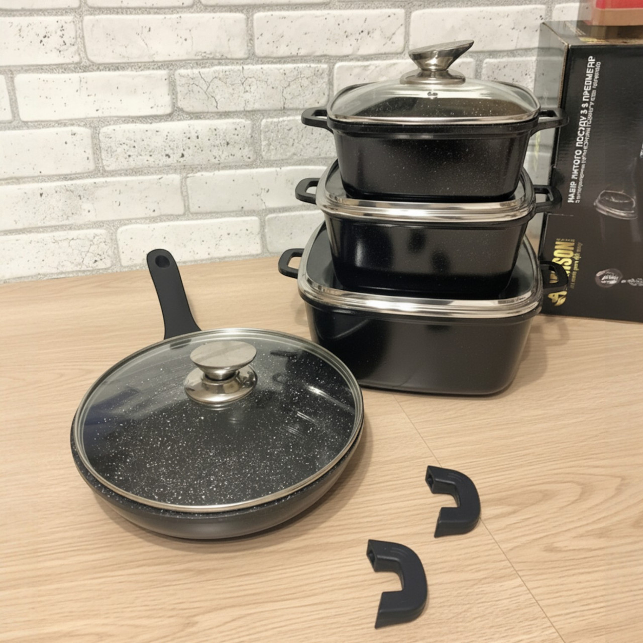 Набір квадратних кастрюль і сковорода 8 в 1 мармурове антипригарне покриття з прозорими кришками для приготування їжі, фото 1