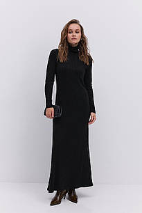 Довга трикотажна сукня в рубчик чорна з коміром-стійкою (S)