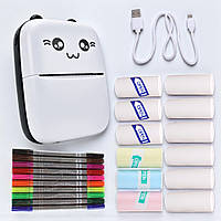 Бездротовий міні принтер Котик чорний Bluetooth портативний термопринтер для телефону 12 рулонів + фломастери