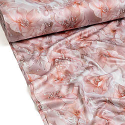 Сатин digital шириною 240 см "Пудрові квіти з жемчугом на білому тлі" (№5762)