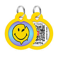 Адресник для собак і котів металевий WAUDOG Smart ID з QR паспортом, малюнок "Смайли на блакитному", коло, Д 30 мм