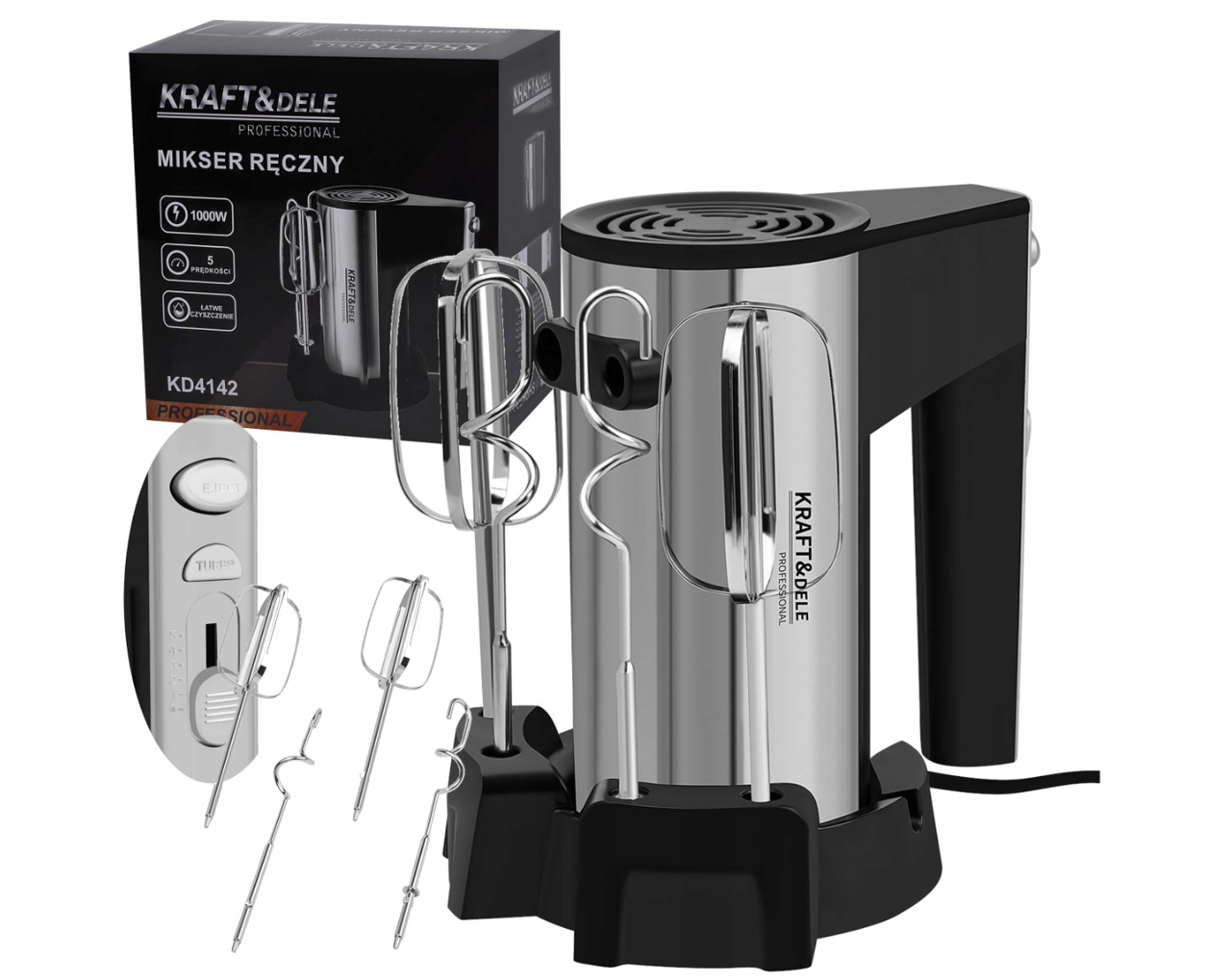Електричний ручний міксер 1000 Вт Kraft&Dele KD4142 з гачками для тіста 5 швидкостей + функція турбо, фото 1