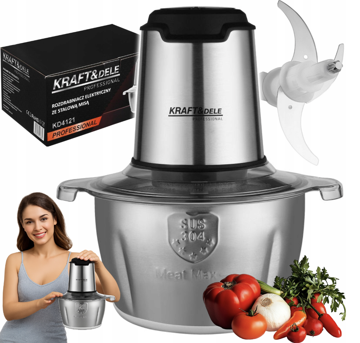 Електричний подрібнювач чоппер 350 Вт Kraft&Dele KD4121 чаша з нержавіючої сталі 2 л для м’яса овочів та фруктів, фото 1