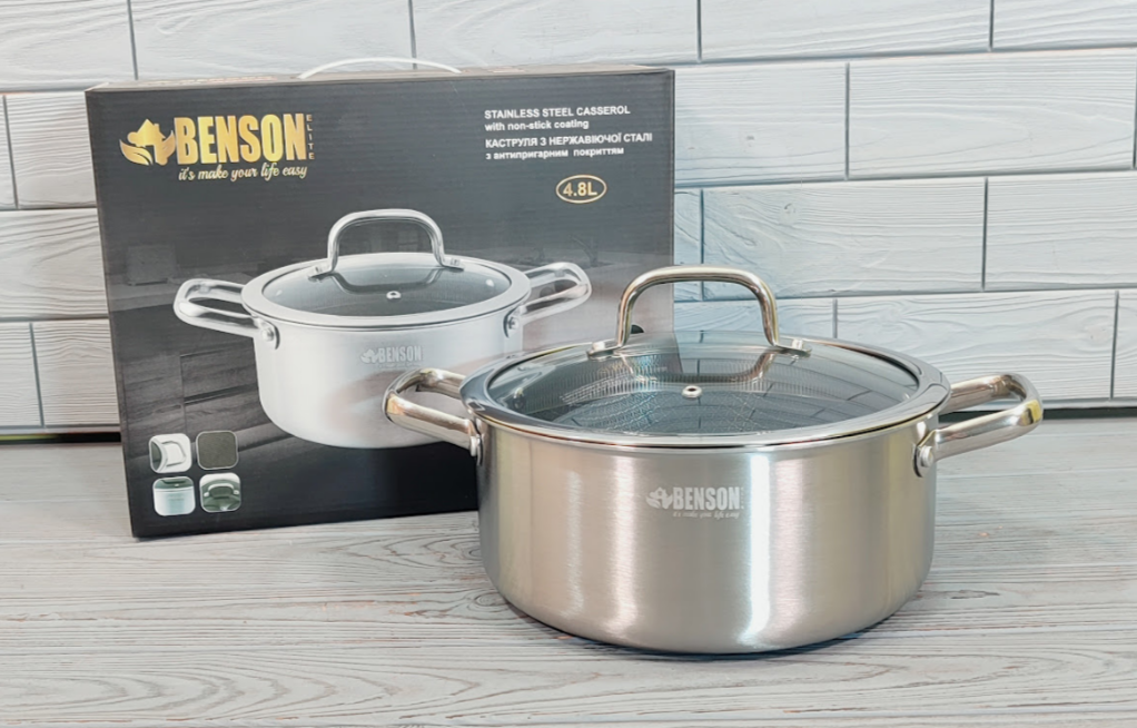 Каструля з кришкою Benson BN-437 (4.7л/24см) з нержавіючої сталі, фото 1
