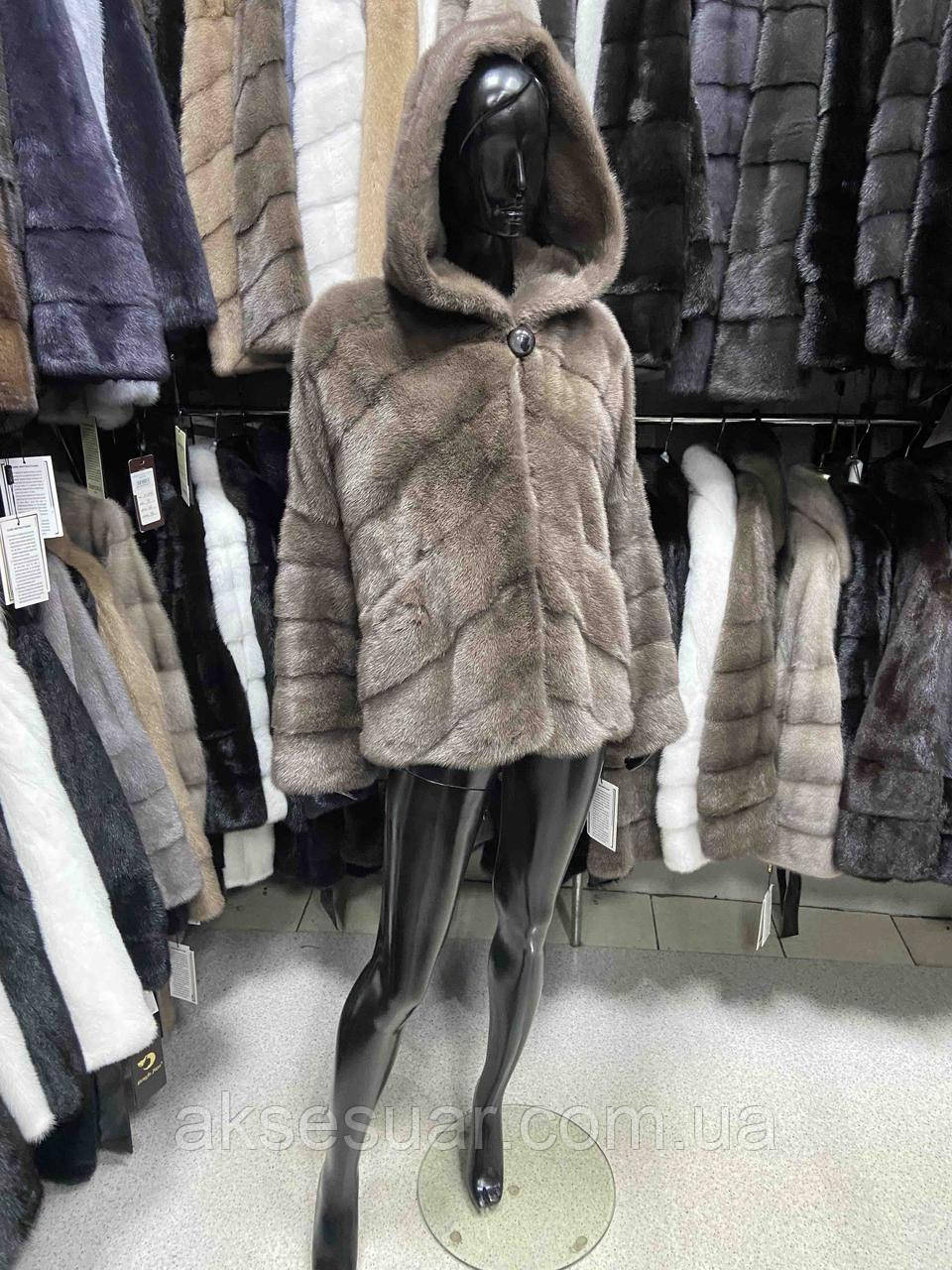 Шуба з натурального хутра норки 70 см, з капюшоном, колір бежевий, фото 1
