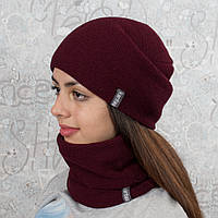Комплект в'язана шапка зі снуд на флісі КАНТА унісекс 50-60 бордо (OC-124)