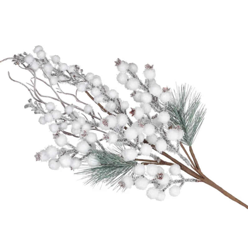 Декоративна штучна гілка з хвоєю та білими засніженими ягодами для новорічного і зимового декору 62 см