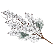 Декоративна штучна гілка з хвоєю та білими засніженими ягодами для новорічного і зимового декору 62 см