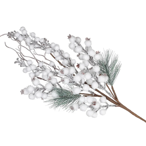 Декоративна штучна гілка з хвоєю та білими засніженими ягодами для новорічного і зимового декору 62 см, фото 1