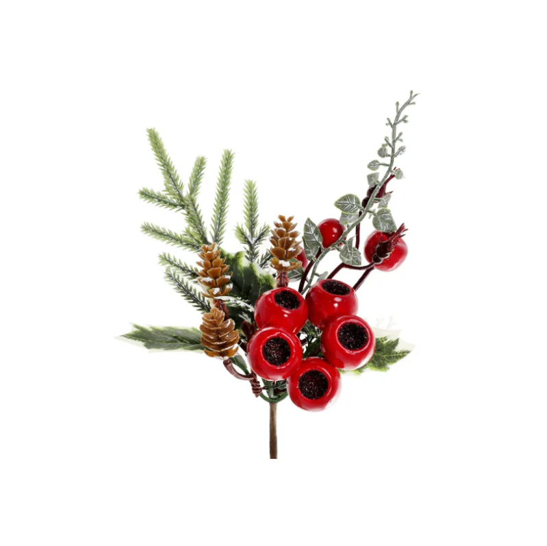 Декоративна хвойна гілка з шишками та червоними ягодами для святкового декору 24 см