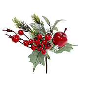 Декоративна новорічна гілка з яблуком ягодами та хвоєю 21 см