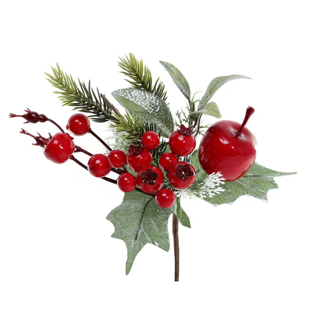 Декоративна новорічна гілка з яблуком ягодами та хвоєю 21 см, фото 1