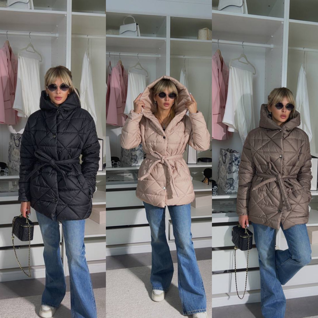 Жіноча тепла куртка з поясом 42/46 48/52 чорний бежевий пудра - фото 1 - id-p2776082020