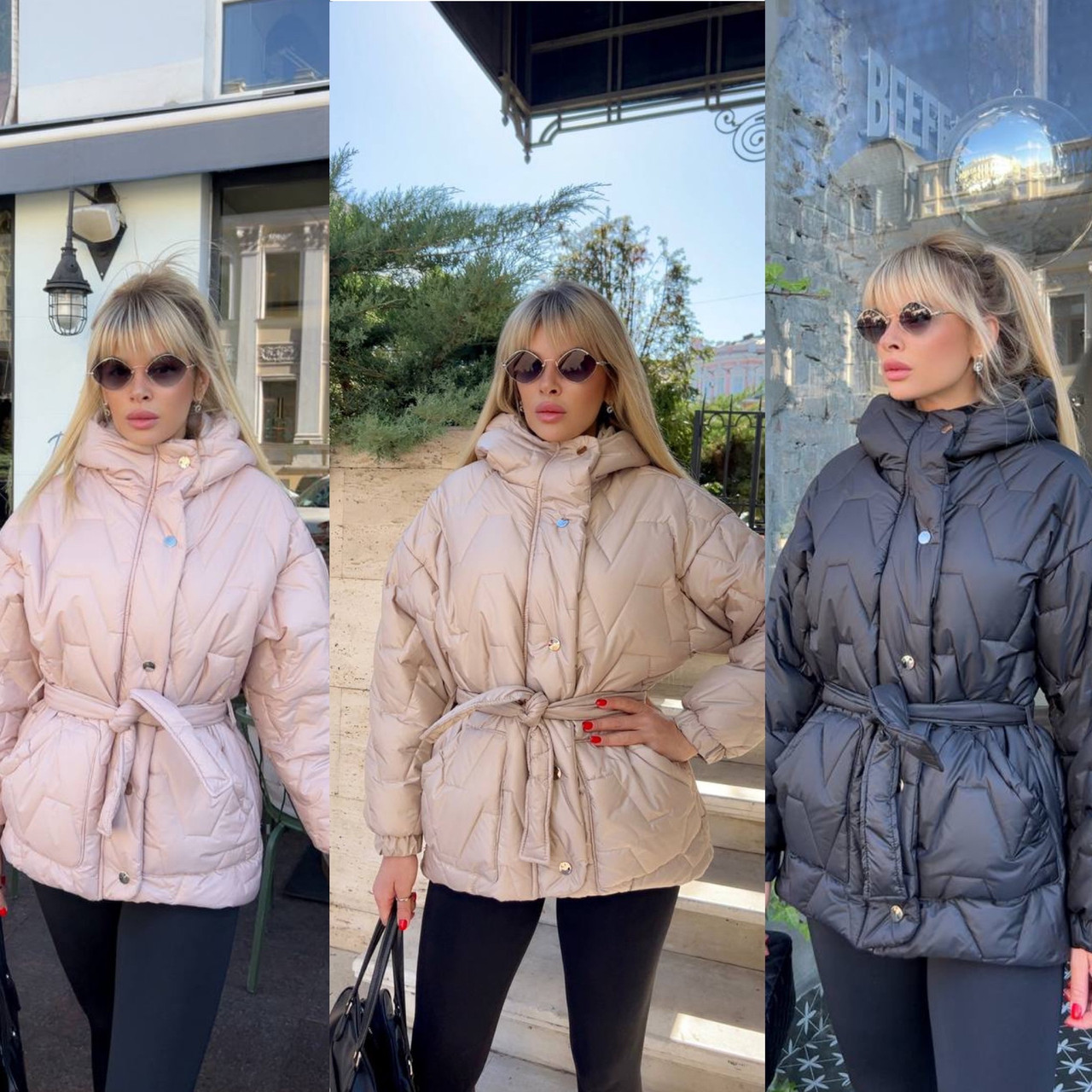 Жіноча тепла куртка з поясом р 42/46 48/52 чорний беж пудра моко - фото 1 - id-p2776084944