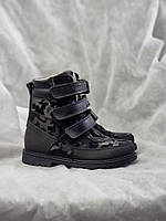 Дитячі утеплені шкіряні ортопедичні черевики на липучках чорного кольору 25 р, фото 3