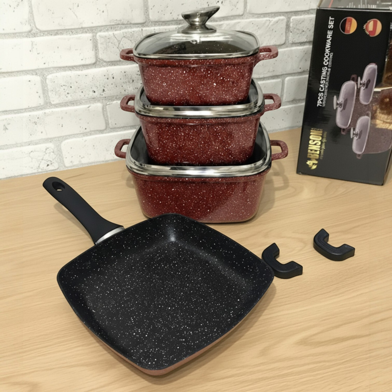 Набір квадратних кастрюль і сковорода 7 в 1 гранітне антипригарне покриття з прозорими кришками для приготування їжі, фото 1