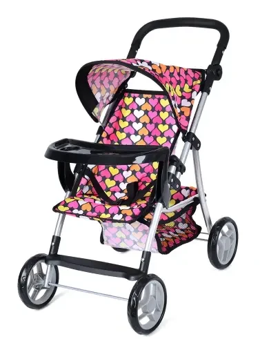 Коляска для ляльок Melogo «Серця» з регульованою ручкою, козирком, кошиком і бампером, фото 1