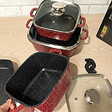 Набір квадратних кастрюль і сковорода 7 в 1 гранітне антипригарне покриття з прозорими кришками для приготування їжі, фото 2