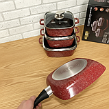 Набір квадратних кастрюль і сковорода 7 в 1 гранітне антипригарне покриття з прозорими кришками для приготування їжі, фото 3