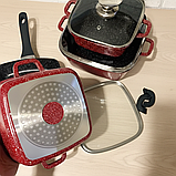 Набір квадратних кастрюль і сковорода 7 в 1 гранітне антипригарне покриття з прозорими кришками для приготування їжі, фото 4