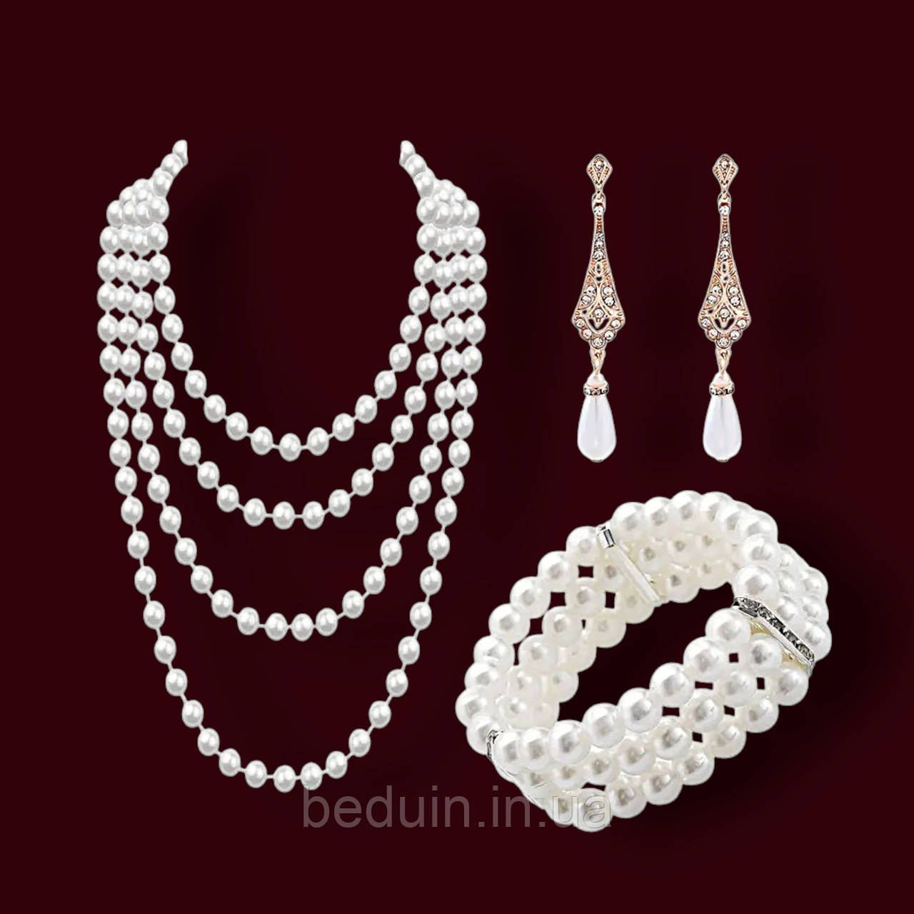 Набір прикрас, аксесуарів в стилі гетсбі: намисто, браслет, сережки - золотисті Aushal Jewellery, фото 1