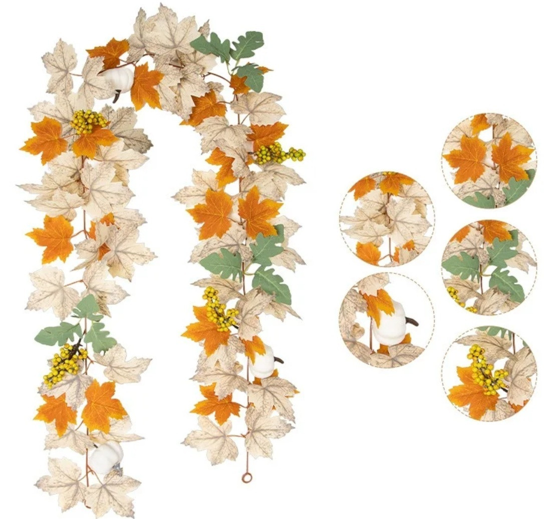 Штучний осінній кленовий лист + білий гарбуз + біла мімоза 1.75 м