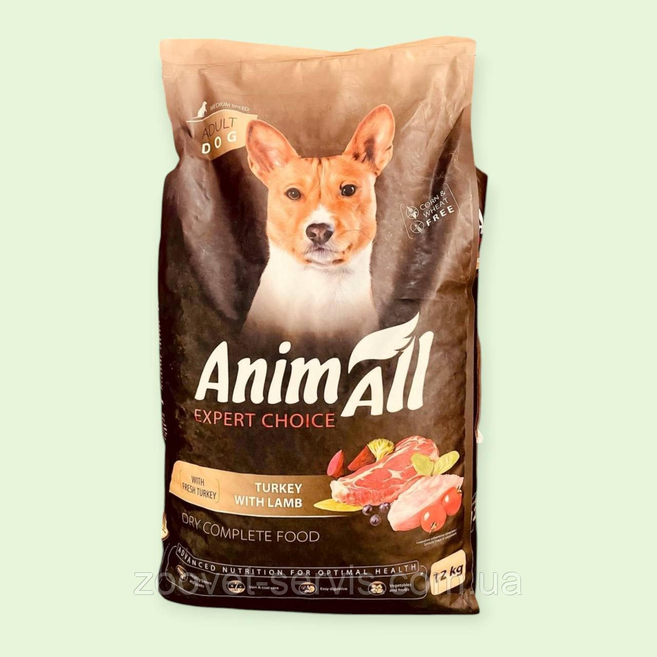 Сухий супер преміум корм AnimAll для дорослих собак середніх порід зі свіжою індичкою та ягням, 12 кг, фото 1