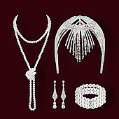 Набір карнавальних прикрас, аксесуарів в стилі гетсбі: шапочка, намисто, браслет, сережки - сріблясті Aushal Jewellery