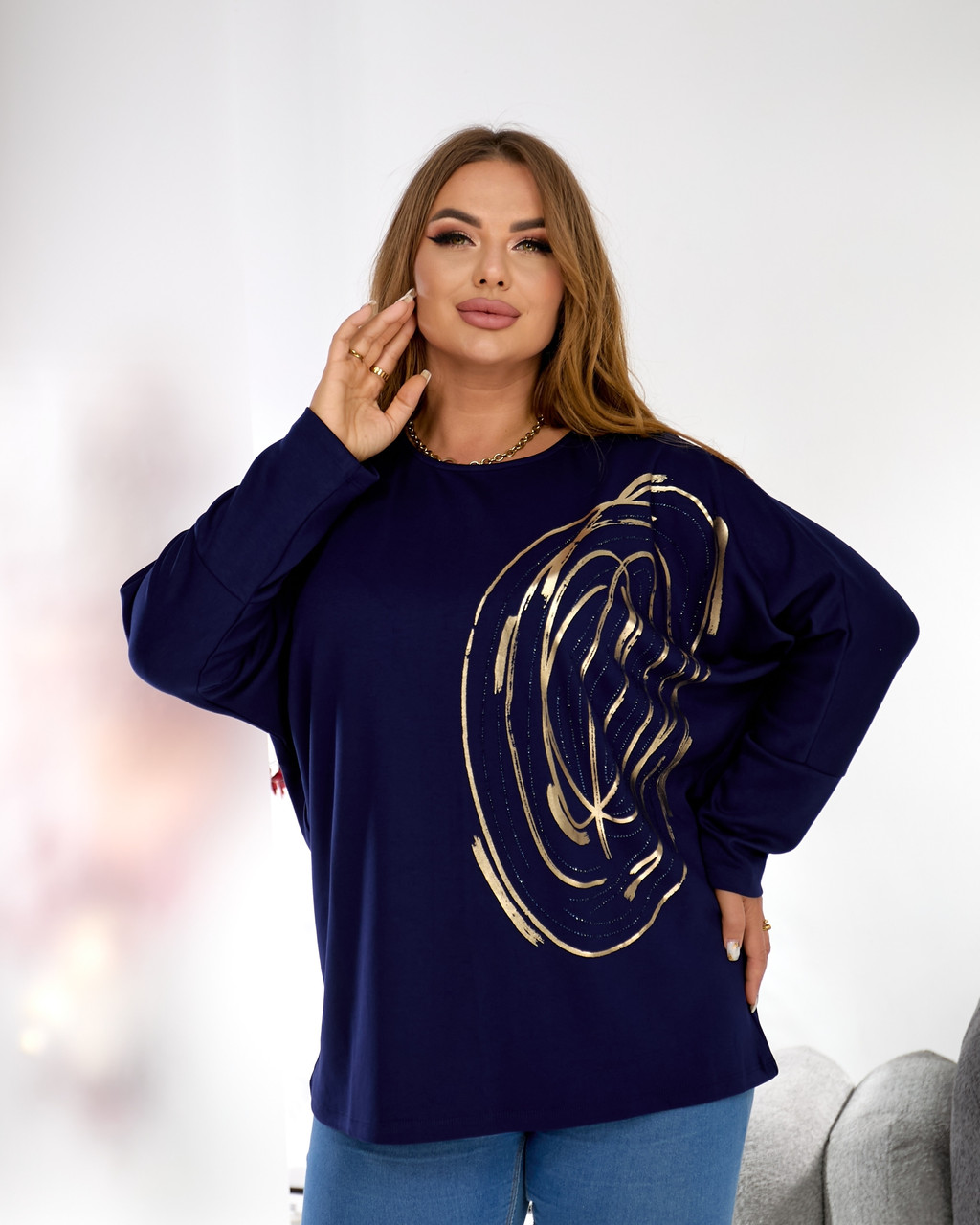 Блузка - туника Турція p золотим орнаментом і стразами 3955 синя (54-66), фото 1