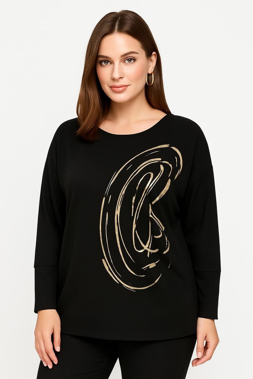Блузка - туника Турція p золотим орнаментом і стразами 3955 чорна (54-66), фото 1