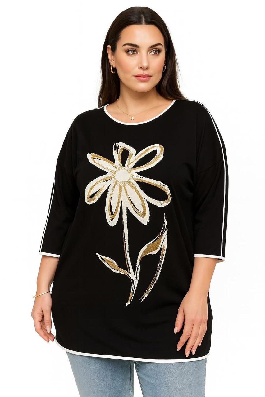 Блузка - туника Турція з малюнком квітка 7276 чорна (54-66), фото 1