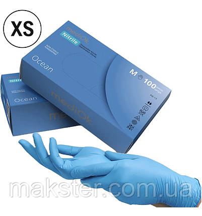 Нітрилові рукавички MediOk Nitrile Ocean, блакитні, 100 шт/уп. XS, фото 1