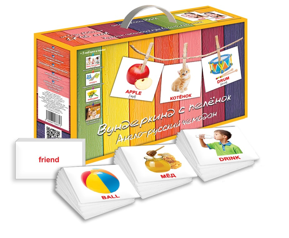 Подарунковий набір Картки Домана Англо-російський валіза Вундеркінд з пелюшок 1746 карток 34 теми, фото 1
