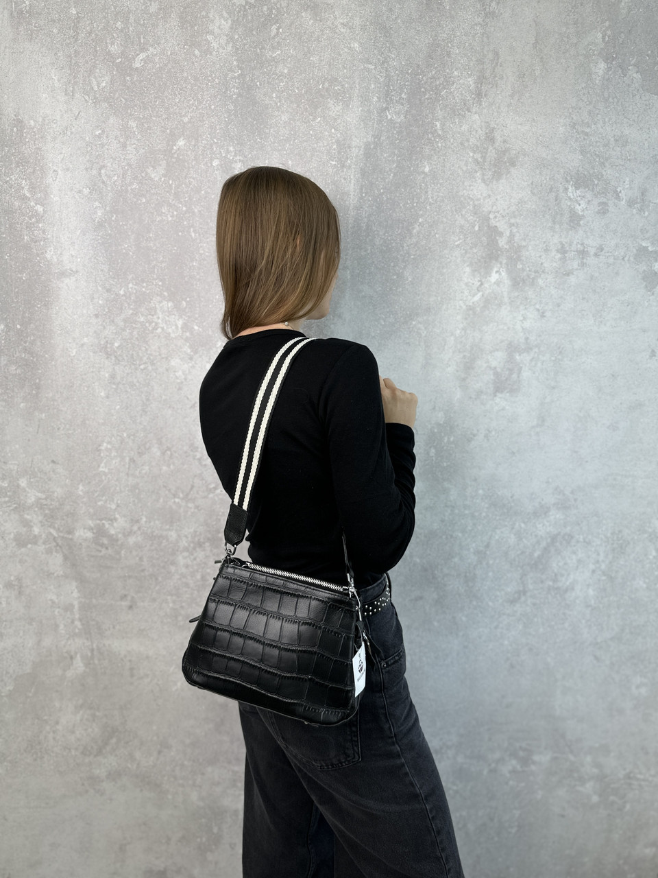 Шкіряна сумка трапеція на три відділення фактура КРОКОДИЛ С101-КТ-4135-К Чорна, фото 1