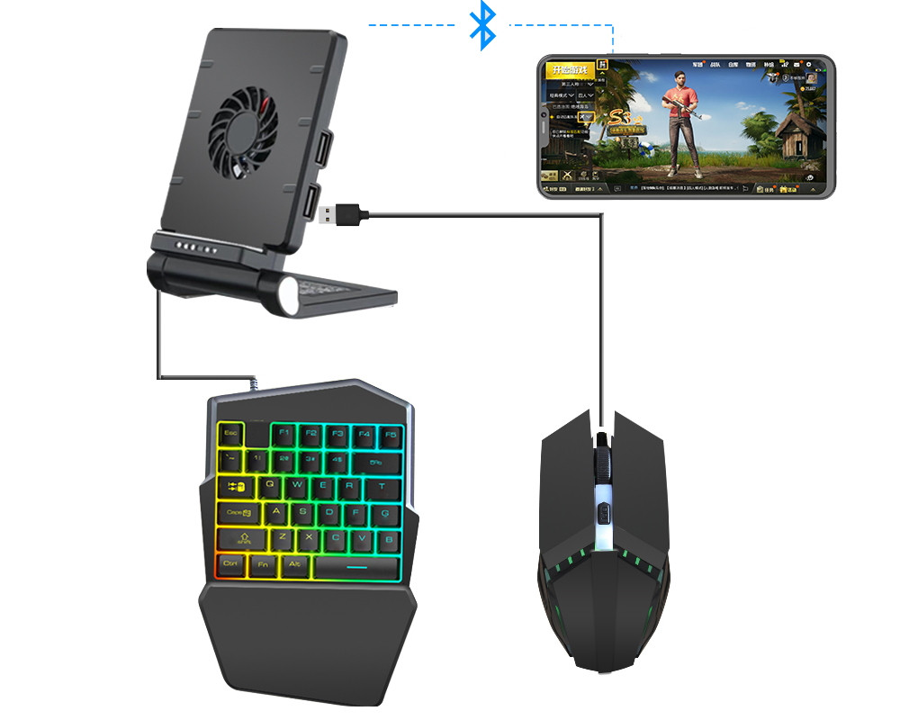 Мобільний ігровий Bluetooth-адаптер з підставкою й охолодженням, ігровою клавіатурою та мишкою Union Sundy PUBG Mobile P6 (518), фото 1