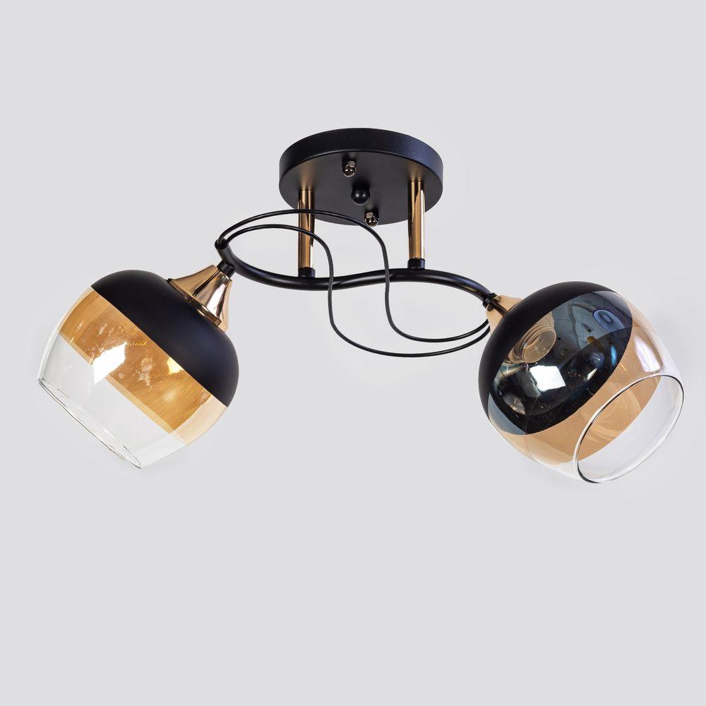 Люстра стельова з 2 скляними плафонами чорна з золотом патрон E27