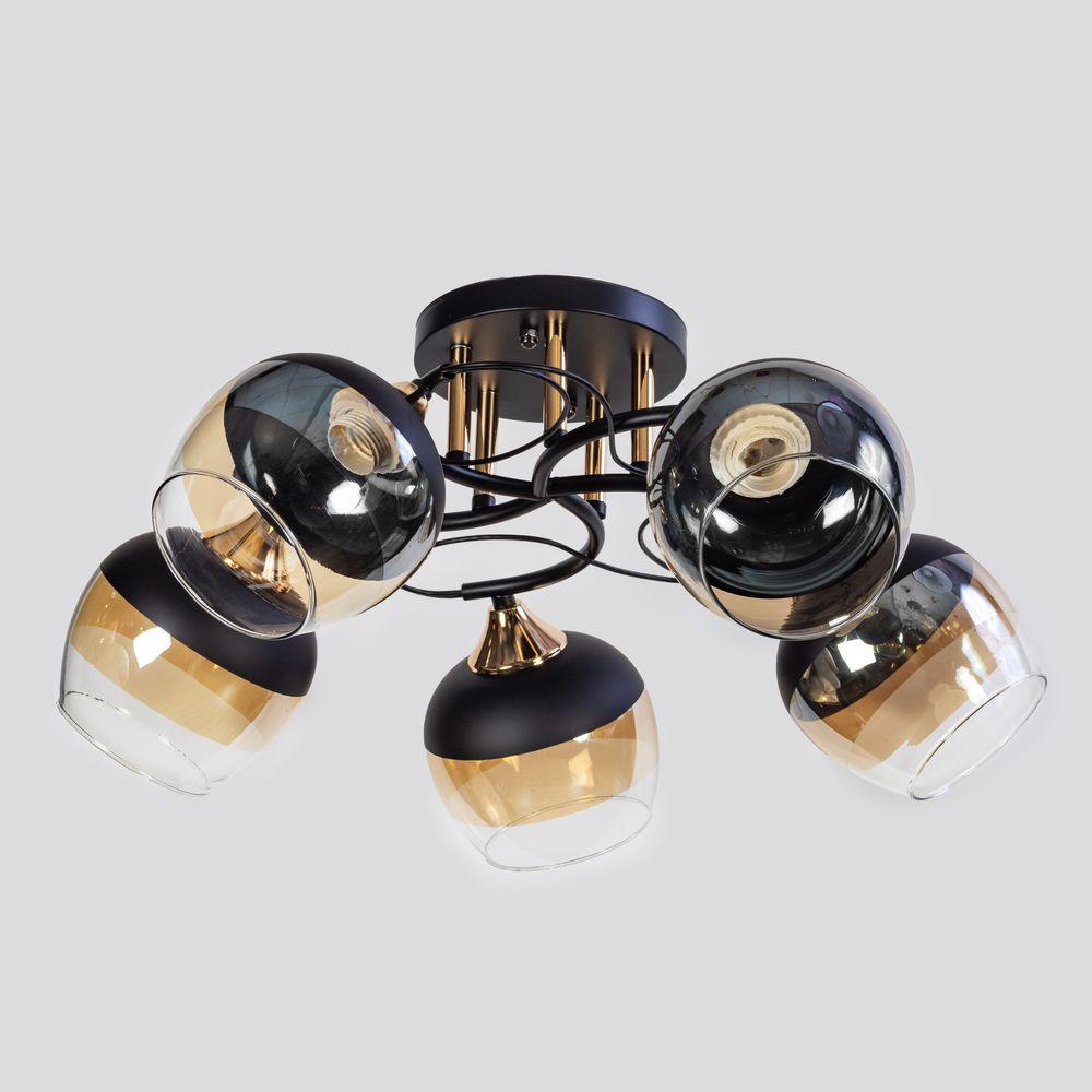 Люстра стельова на 5 плафонів чорний метал із золотом E27 Ø 55×24 см