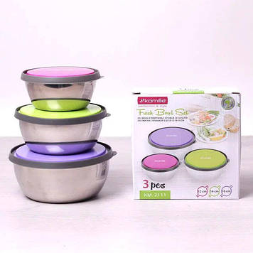 Набір ємностей 3 шт. із неіржавкої сталі з пластиковими кришками Kamille 2111