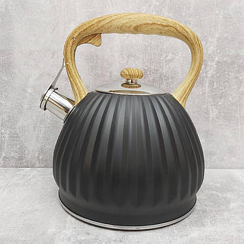 Чайник 3 л Kamille з неіржавкої сталі зі свистком і нейлоновою ручкою сірий мармур КМ-1076