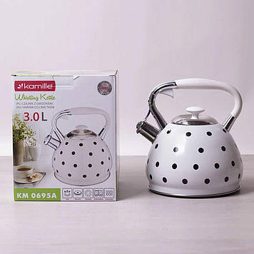 Чайник 3 л Kamille з неіржавкої сталі зі свистком і ручкою з покриттям soft-touch білий КМ-0695AN