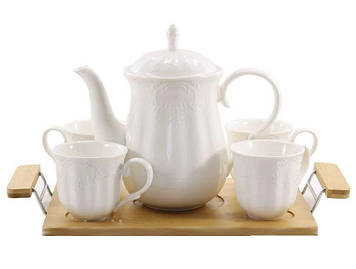 Набір порцелянових кухлів на дерев'яному розносі 5 предметів Interos PJ031575
