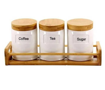 Набір банок 3 шт. порцелянових на підставці 600 мл із дерев'яною кришкою Interos PJ01783