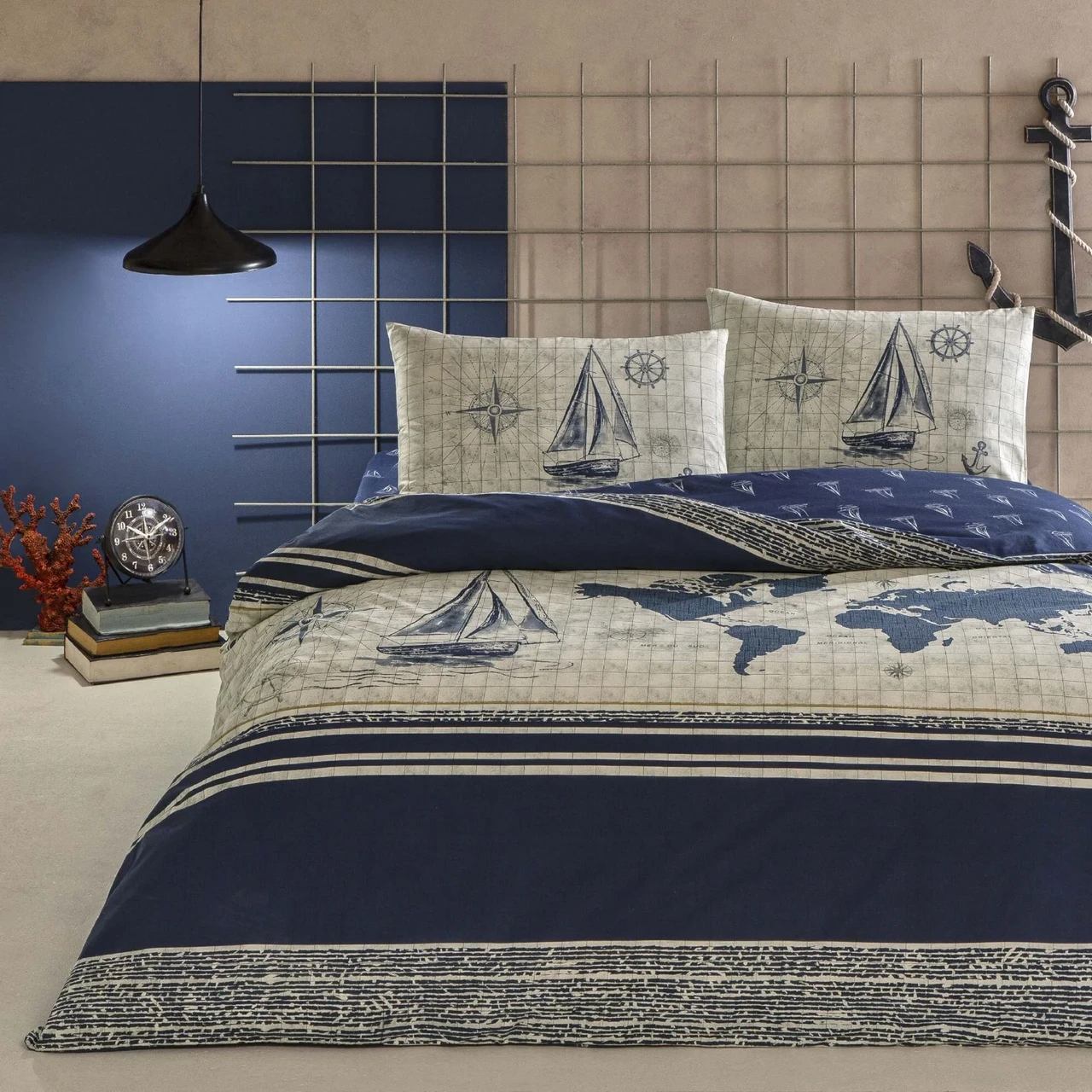 Двоспальний Євро комплект TAC Muna Blue Ранфорс / простирадло на резинці, фото 1