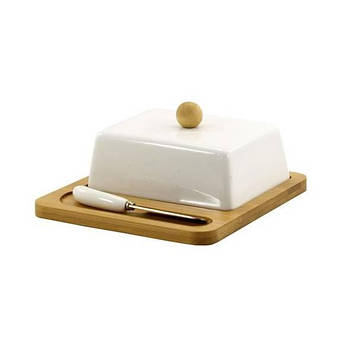 Маслянка з ножем порцелянова на бамбуковій підставці Interos PJ02054