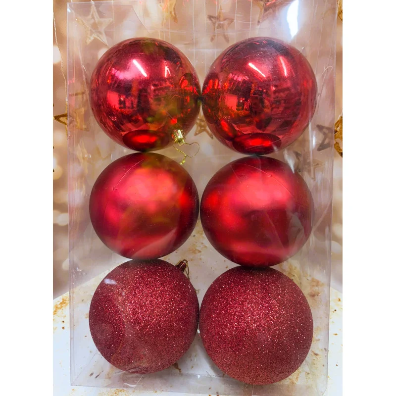 Набір ялинкових іграшок пластикових круглих 6 шт. 12 см Червоний, фото 1