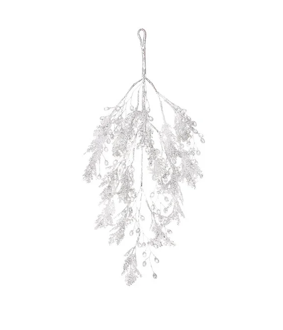 Декоративна підвіска з хвої й акрилових крапель 42 см Білий зі срібним глітером, фото 1