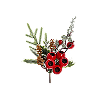 Декоративна хвойна гілка з шишками та червоними ягодами для святкового декору 24 см