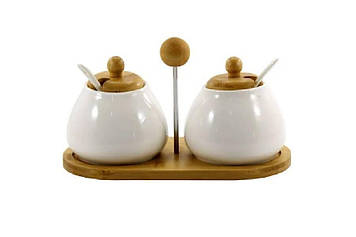 Набір ємностей порцелянових для солі та цукру Interos на дерев'яній підставці 300 мл PJ02197