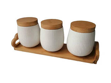 Набір 3 банок порцелянових на дерев'яній підставці 600 мл Interos PJ03430-S